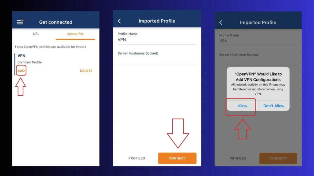 مجموعه‌ای از سه تصویر که مراحل افزودن و فعال‌سازی پروفایل OpenVPN را در یک دستگاه موبایل نشان می‌دهد.