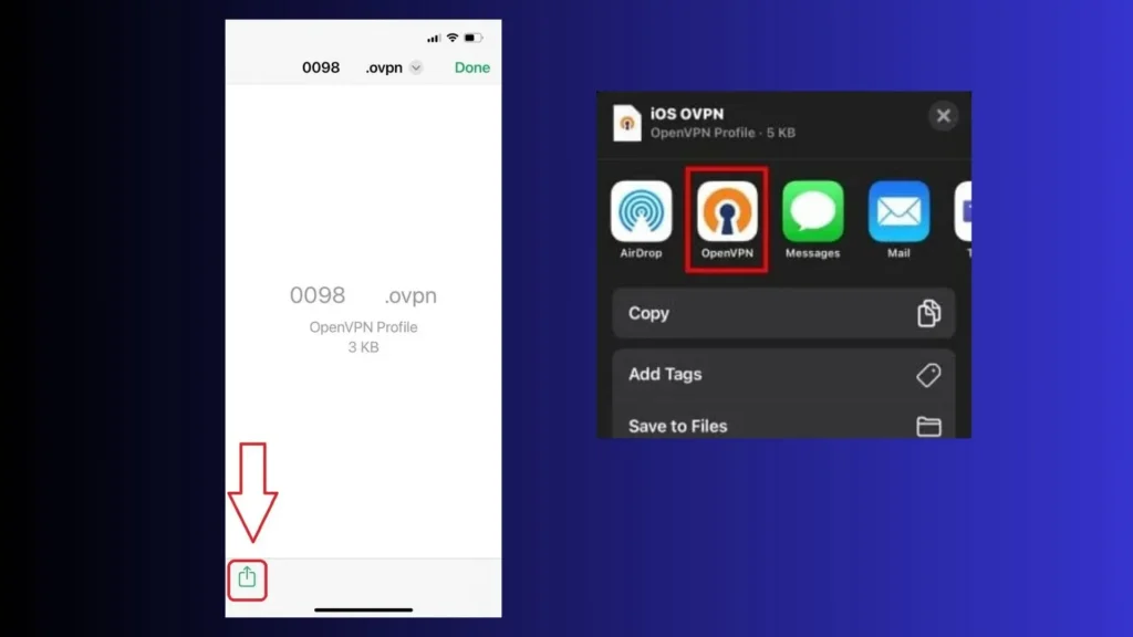 تصویری از یک فایل .ovpn در یک دستگاه موبایل که نشان می‌دهد این فایل یک پروفایل OpenVPN با حجم ۳ کیلوبایت است. یک فلش قرمز به دکمه اشتراک‌گذاری (Share) در پایین صفحه اشاره می‌کند.